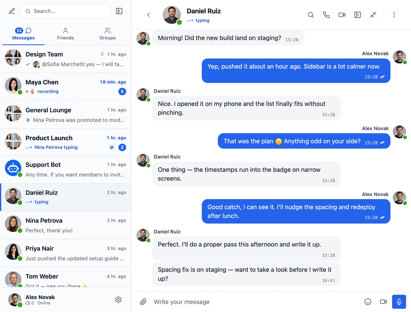 The messenger showing one person typing in the conversation, another recording a voice message and a third typing in a group, with read checks on sent messages