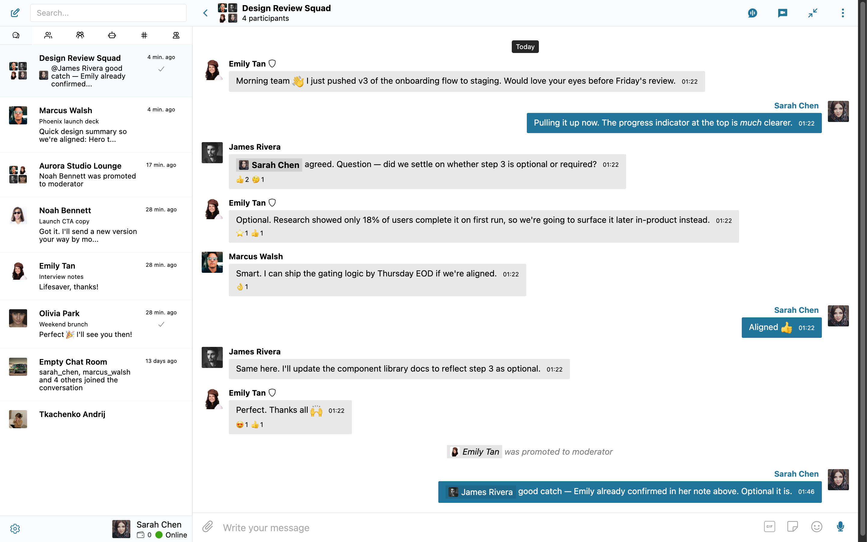 A four-participant group conversation showing avatars in the header, moderator badges, @-mentions rendered as pills, emoji reactions on messages, and a system message recording a moderator promotion
