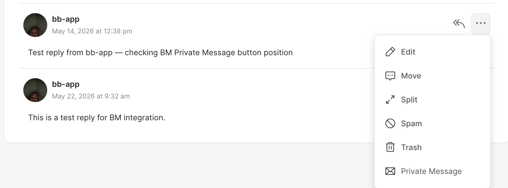 bbPress Private Message entry inside the ReadyLaunch reply actions dropdown