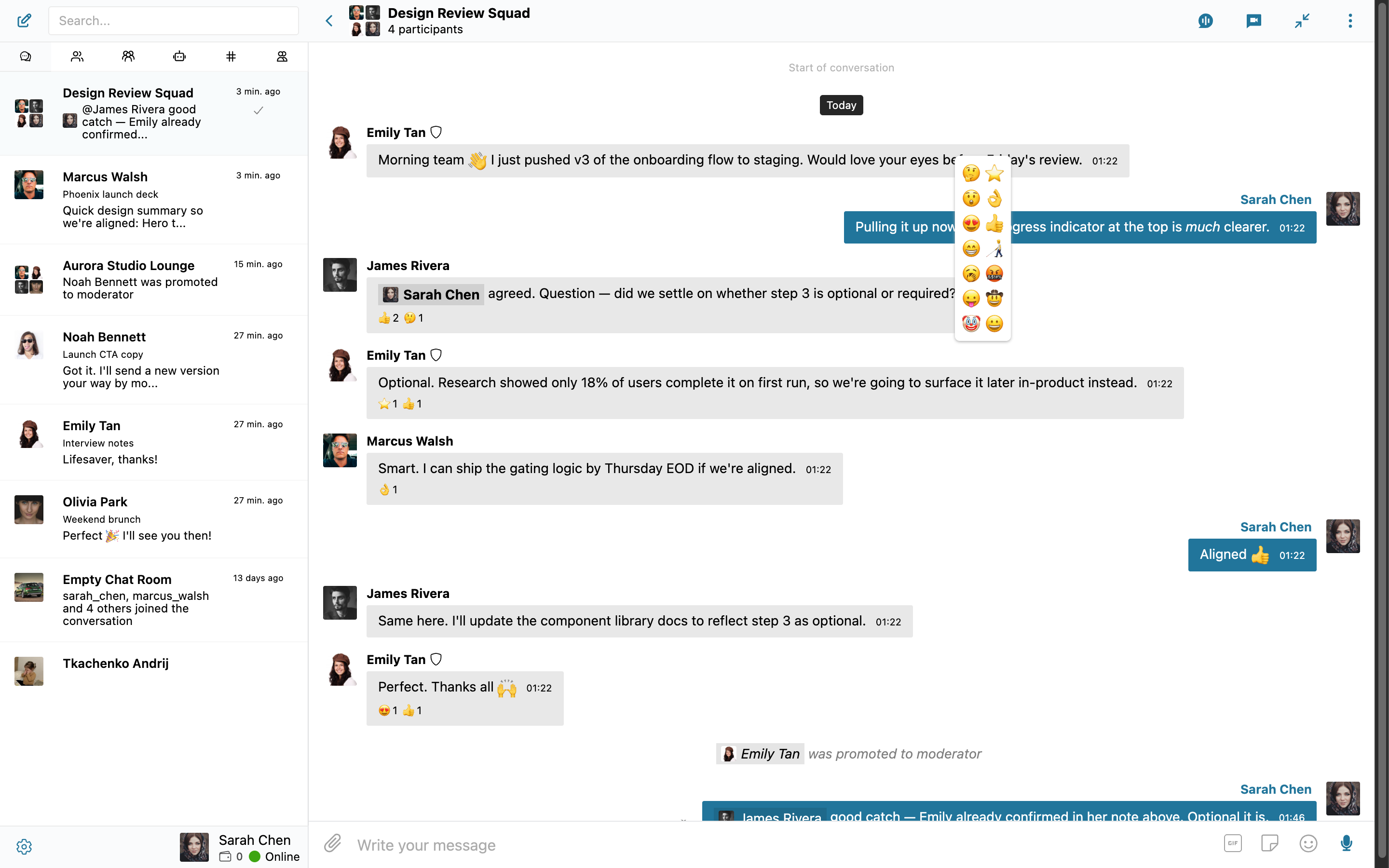 A group chat with the reaction picker open above a message, and reaction count badges visible under several other messages