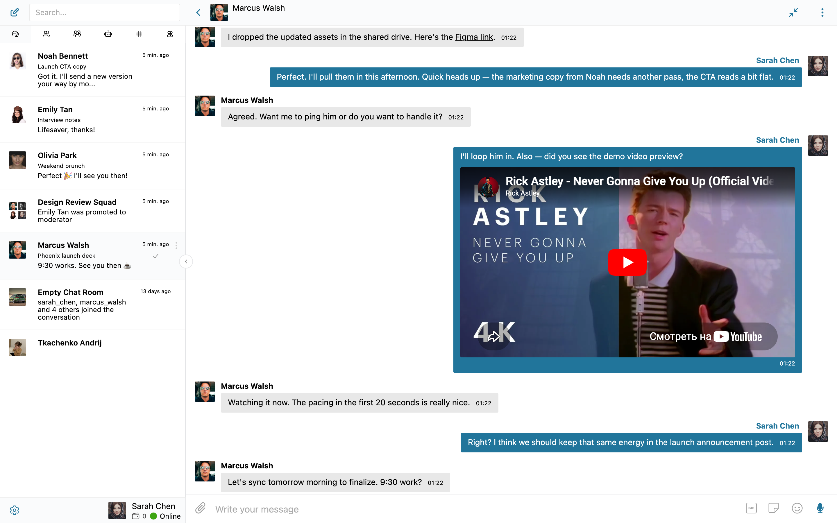A YouTube link pasted into a chat message rendering as an inline video player inside the conversation thread