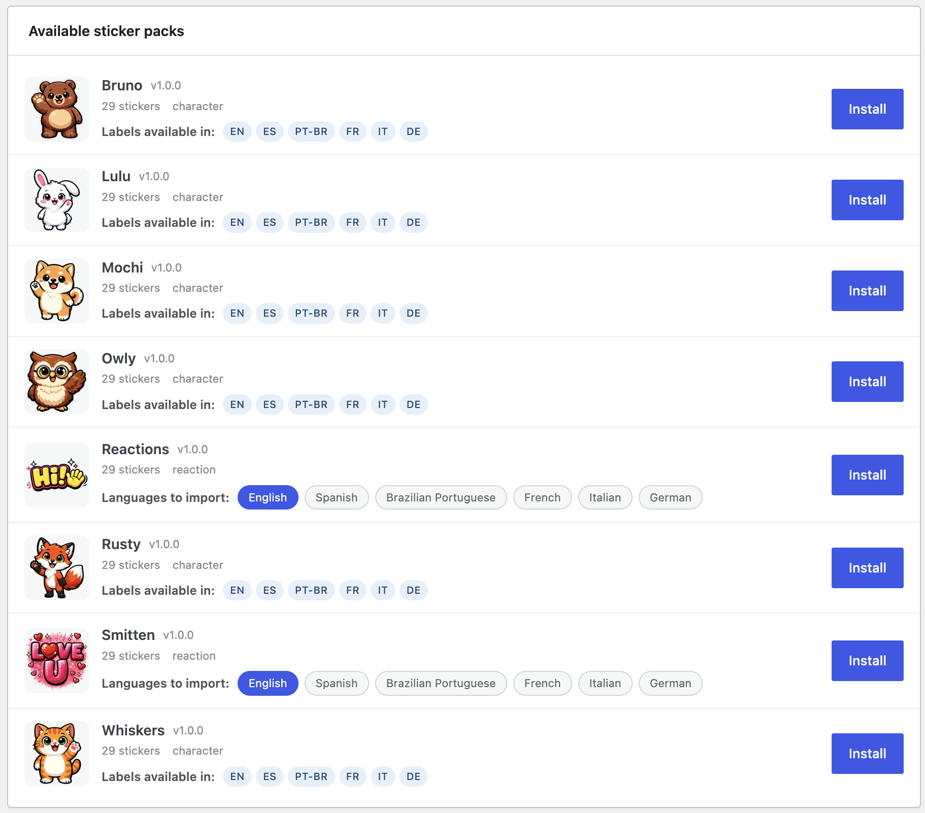 Available sticker packs catalog
