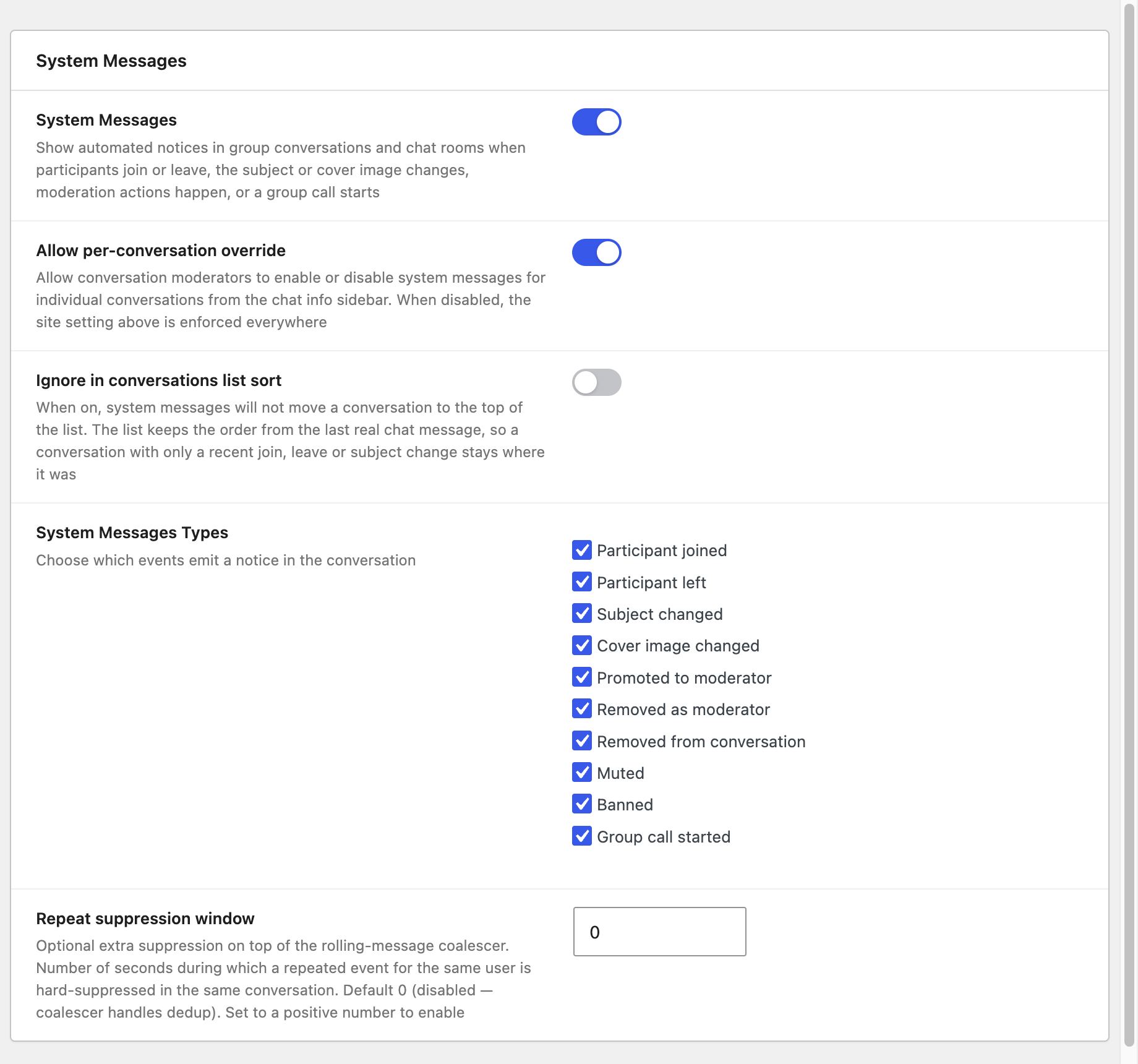 System Messages settings panel in WP Admin showing the System Messages master toggle, Allow per-conversation override, the new Ignore in conversations list sort toggle, the System Messages Types checkbox group with all ten event types, and the Repeat suppression window number input