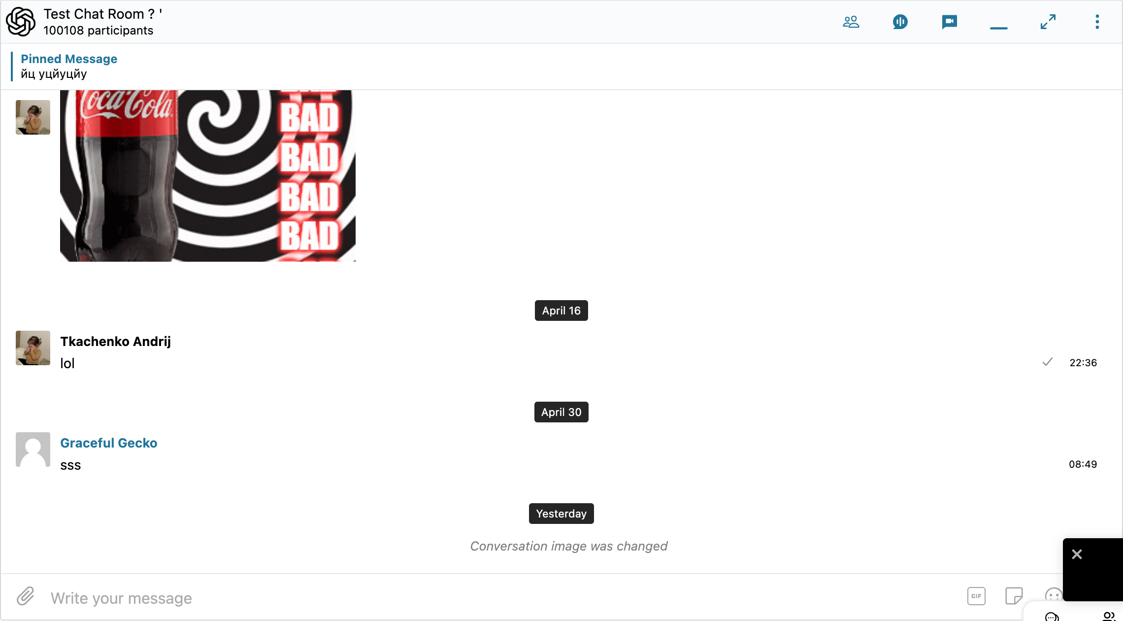 Test Chat Room showing a 'Conversation image was changed' system message after the cover image was updated in WP Admin
