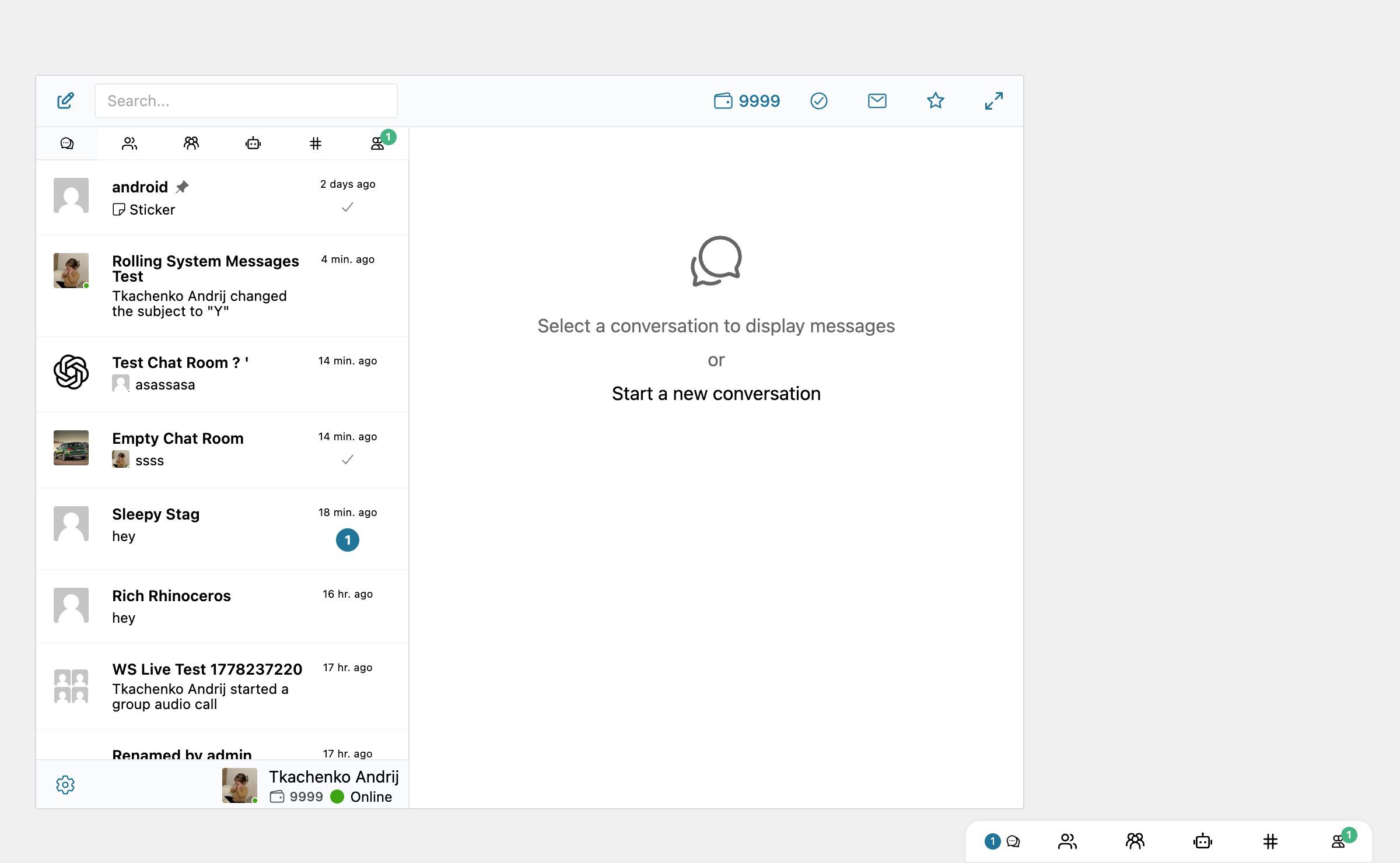 Conversations list with the toggle OFF: a chat-room with a recent 'changed the subject' system message has jumped to the top of the inbox, above older conversations with real chat