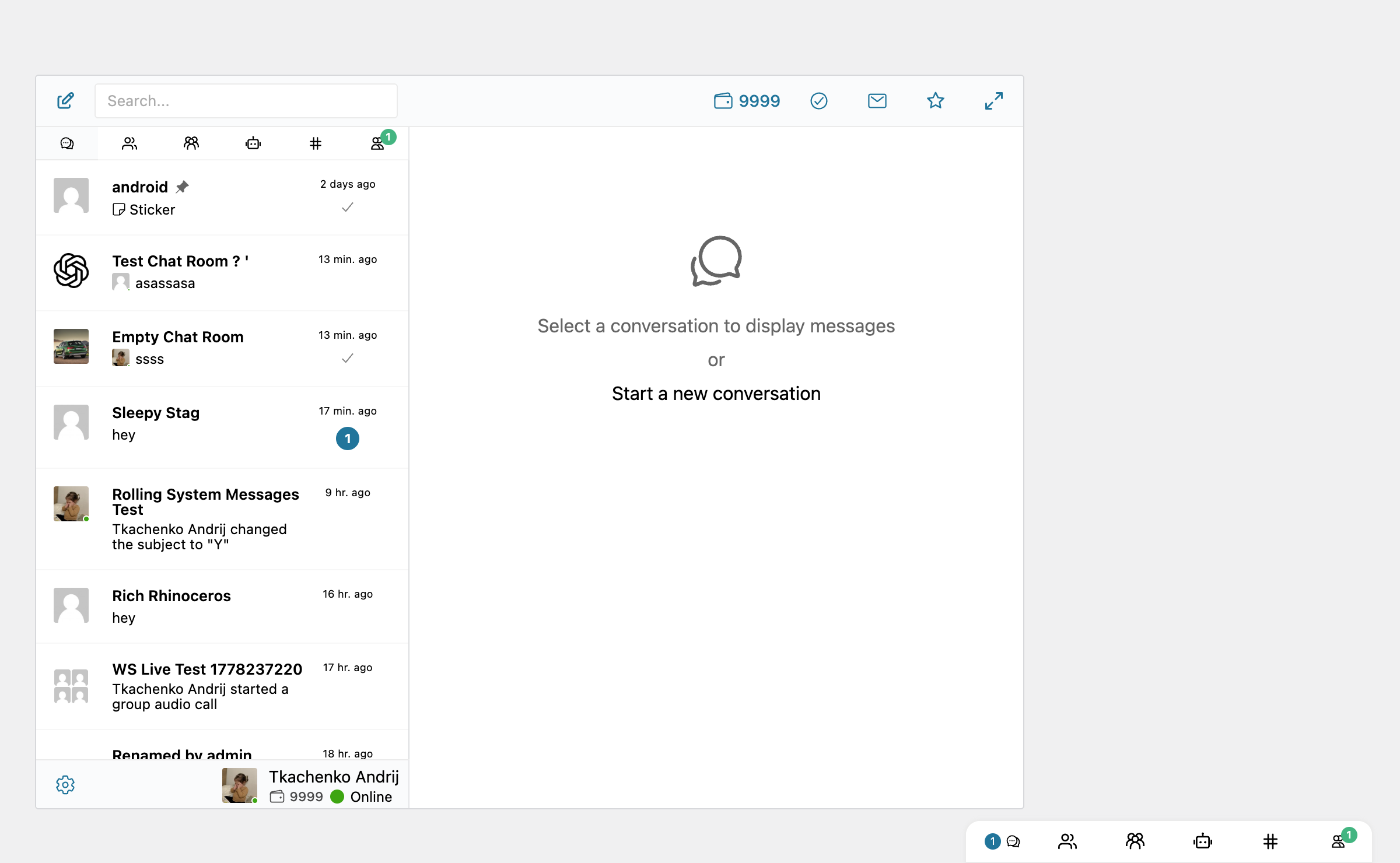 Same conversations list with the toggle ON: the chat-room with the system message stays in its original position, sorted by the last real chat message; the system message still shows in the preview line
