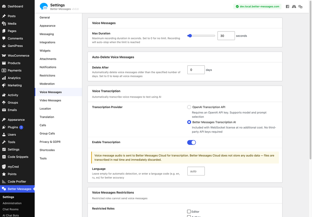 Voice Messages settings screen in WP Admin